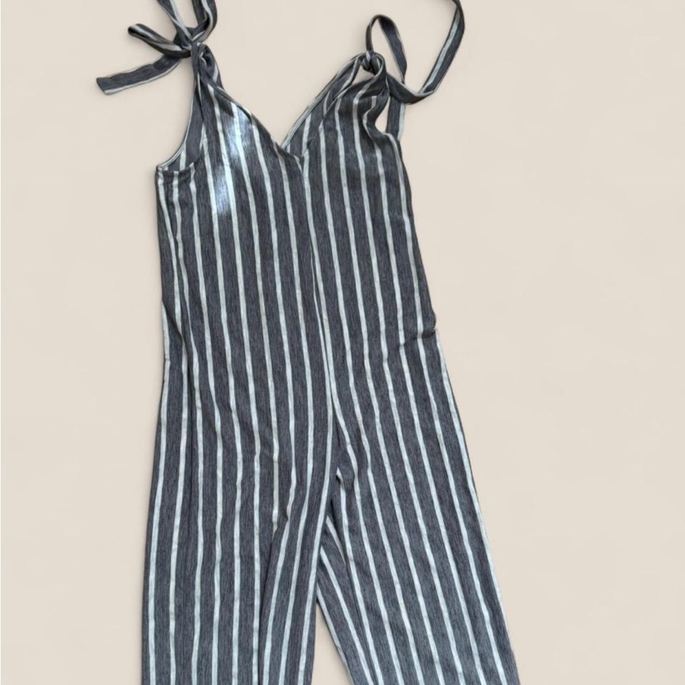Lily White Gray and White Striped Tie-Shoulder Jumpsuit